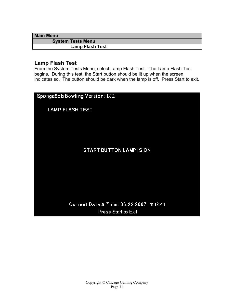 Lamp flash test | Chicago Gaming Bikini Bottom Bowling User Manual | Page 31 / 42