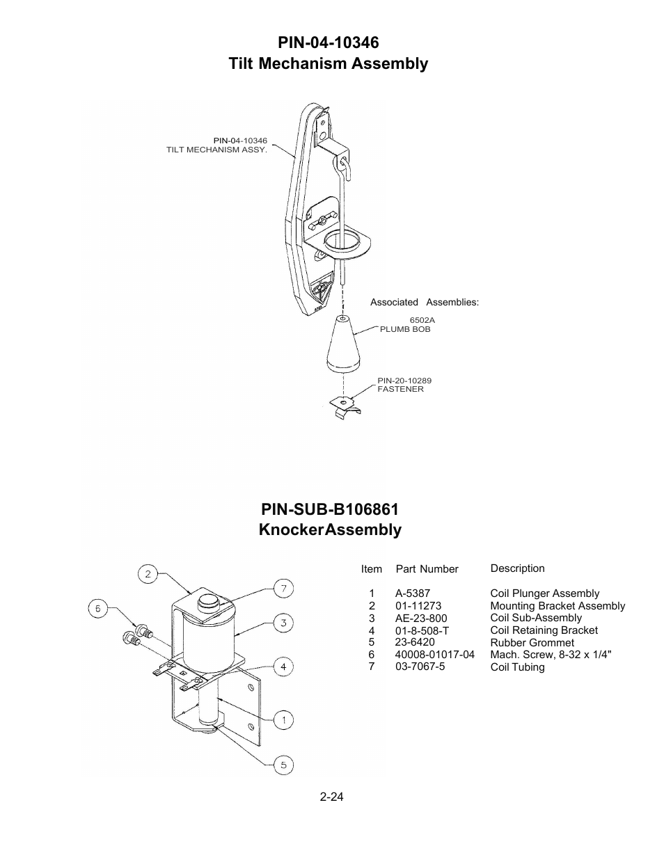 Tilt mechanism assembly, Knocker assembly | Chicago Gaming Medieval Madness Remake User Manual | Page 107 / 146