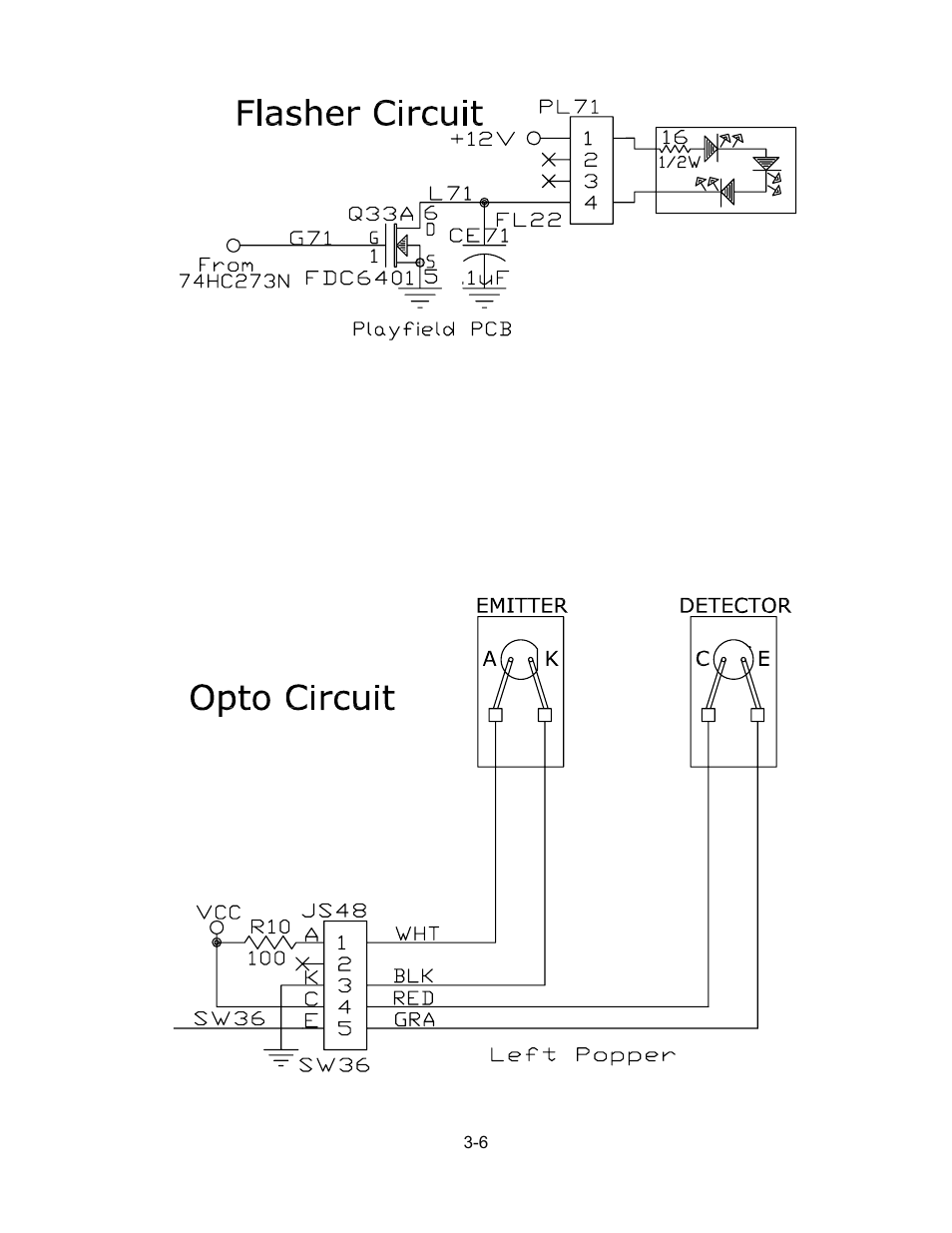 Flasher circuit, Opto circuit | Chicago Gaming Medieval Madness Remake User Manual | Page 135 / 146