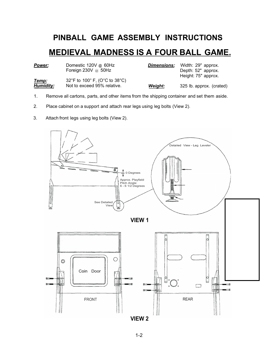 Assembly, Medieval madness is a four ball game, Pinball game assembly instructions | View 1 v iew 2 | Chicago Gaming Medieval Madness Remake User Manual | Page 26 / 146