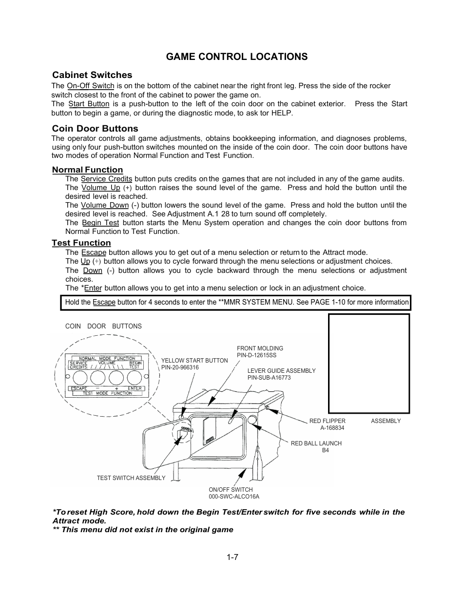 Game controls, Game control locations, Coin door buttons | Cabinet switches | Chicago Gaming Medieval Madness Remake User Manual | Page 31 / 146