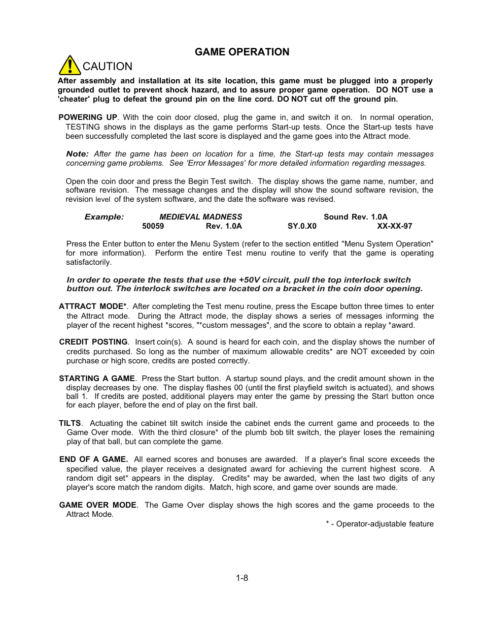 Game operation, Caution | Chicago Gaming Medieval Madness Remake User Manual | Page 32 / 146