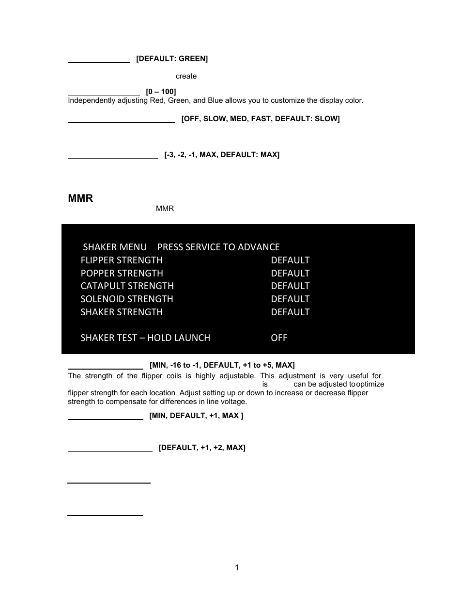 Coil and shaker settings, Mmr system menu – page 2 | Chicago Gaming Medieval Madness Remake User Manual | Page 35 / 146