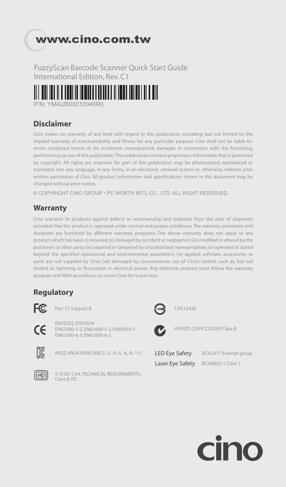Disclaimer warranty, Regulatory | Cino A770 HC User Manual | Page 16 / 16