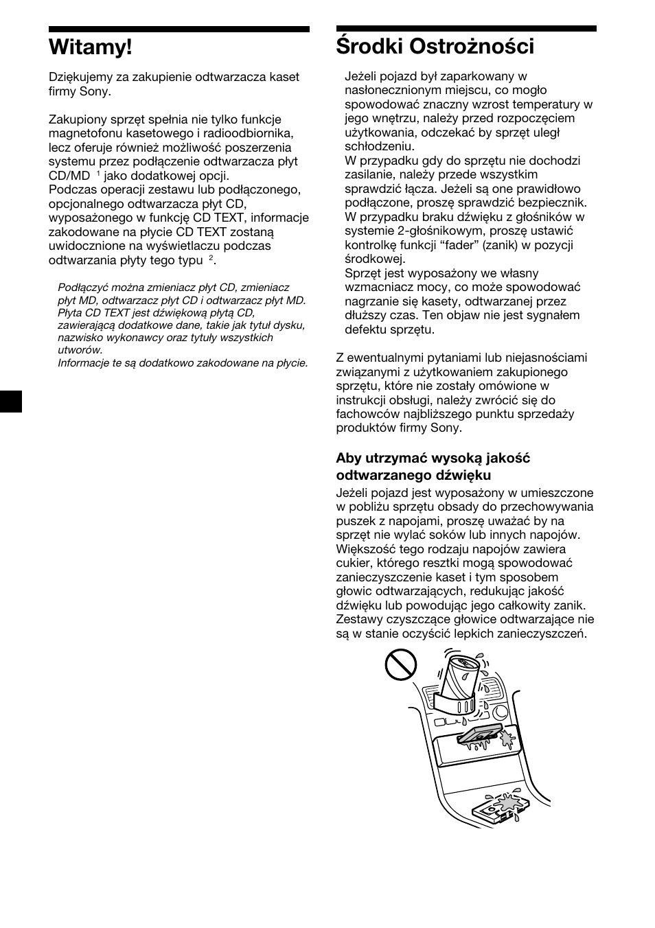 2witamy, Środki ostrożności | Sony XR-C2300R User Manual | Page 24 / 112