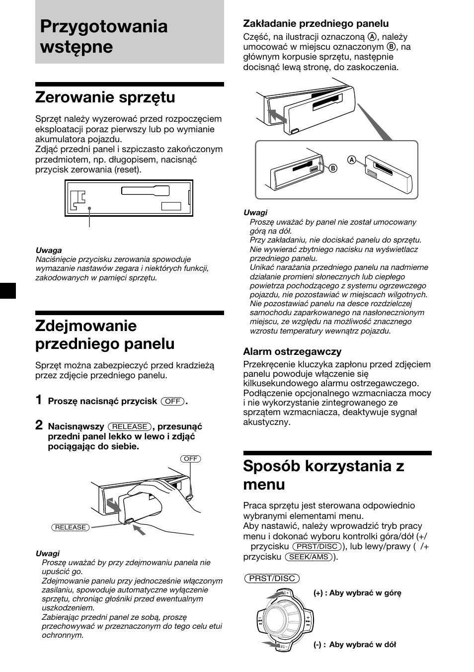 Przygotowania wstępne, Zerowanie sprzętu, Zdejmowanie przedniego panelu | Sposób korzystania z menu | Sony XR-C2300R User Manual | Page 28 / 112