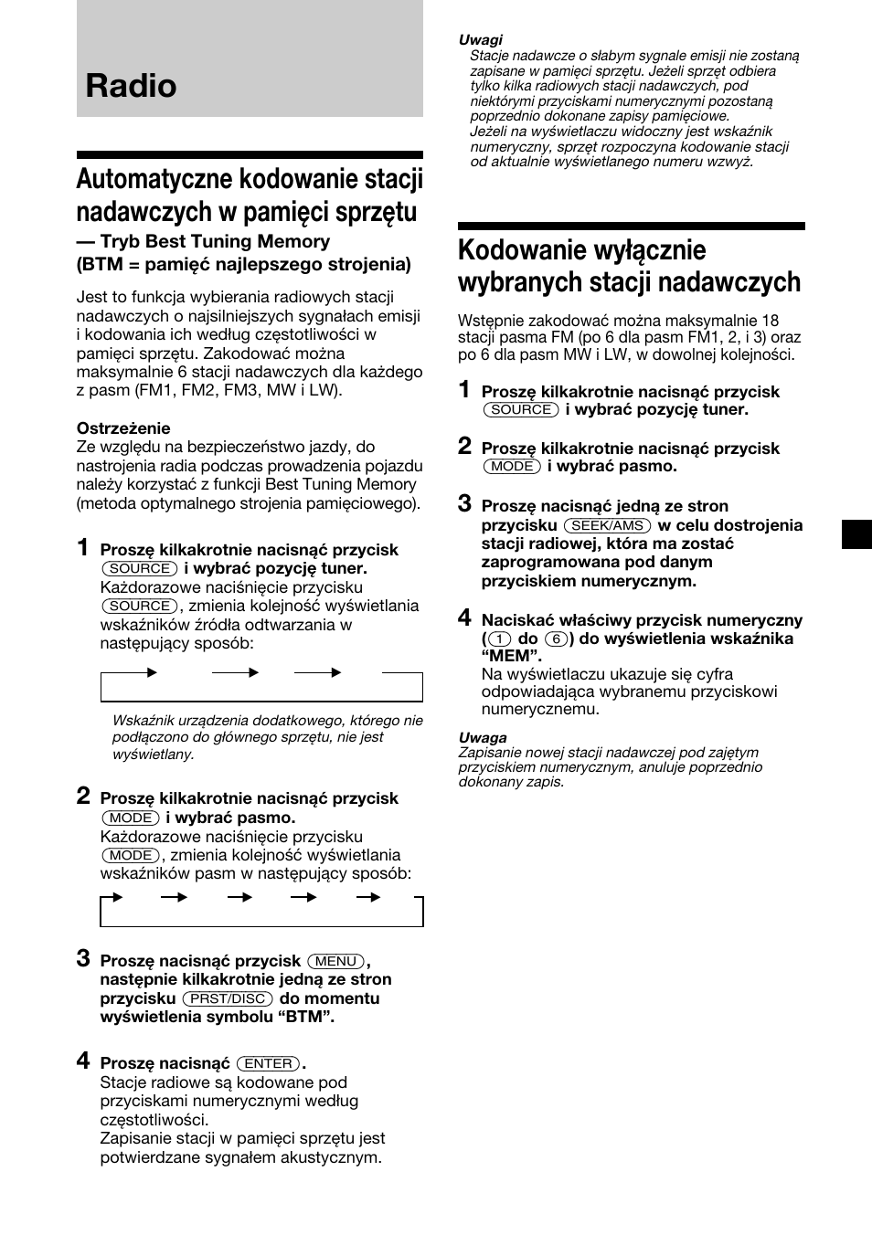 Radio, Kodowanie wyłącznie wybranych stacji nadawczych | Sony XR-C2300R User Manual | Page 31 / 112