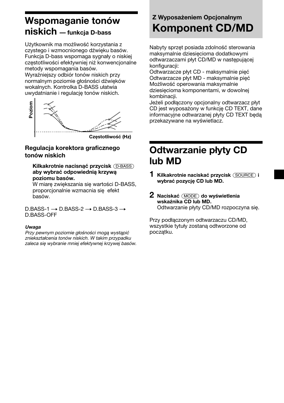 Komponent cd/md, Wspomaganie tonów niskich, Odtwarzanie płyty cd lub md | Sony XR-C2300R User Manual | Page 39 / 112