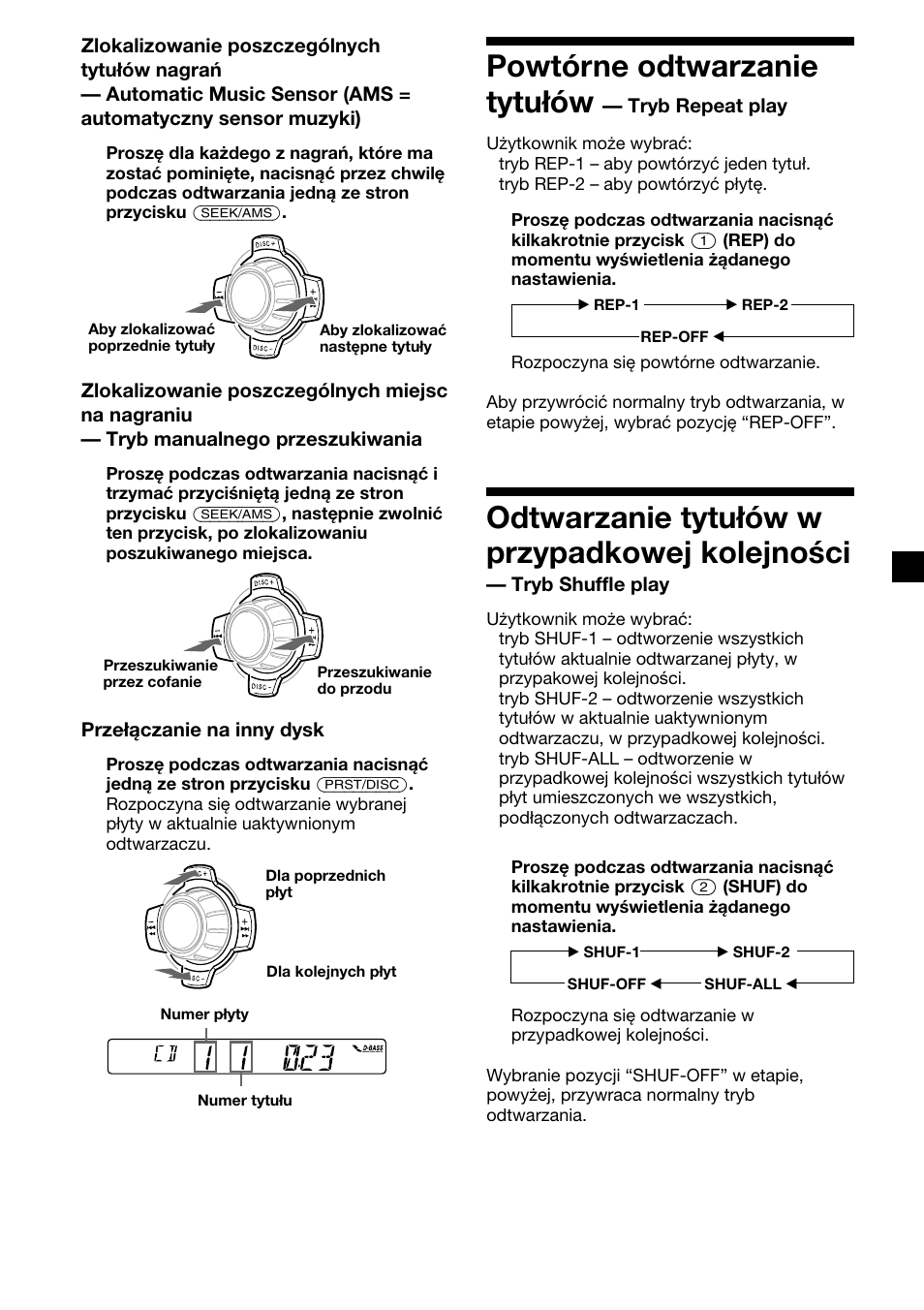 19 powtórne odtwarzanie tytułów, Odtwarzanie tytułów w przypadkowej kolejności | Sony XR-C2300R User Manual | Page 41 / 112
