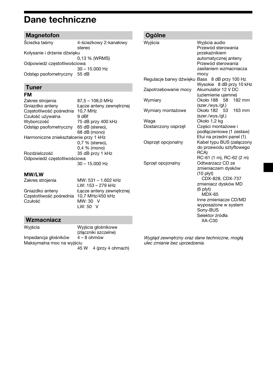 21 dane techniczne, Magnetofon, Tuner | Wzmacniacz, Ogólne | Sony XR-C2300R User Manual | Page 43 / 112