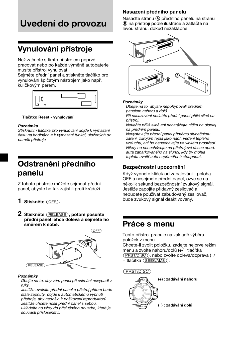 Uvedení do provozu, Vynulování přístroje, Odstranění předního panelu | Práce s menu | Sony XR-C2300R User Manual | Page 50 / 112