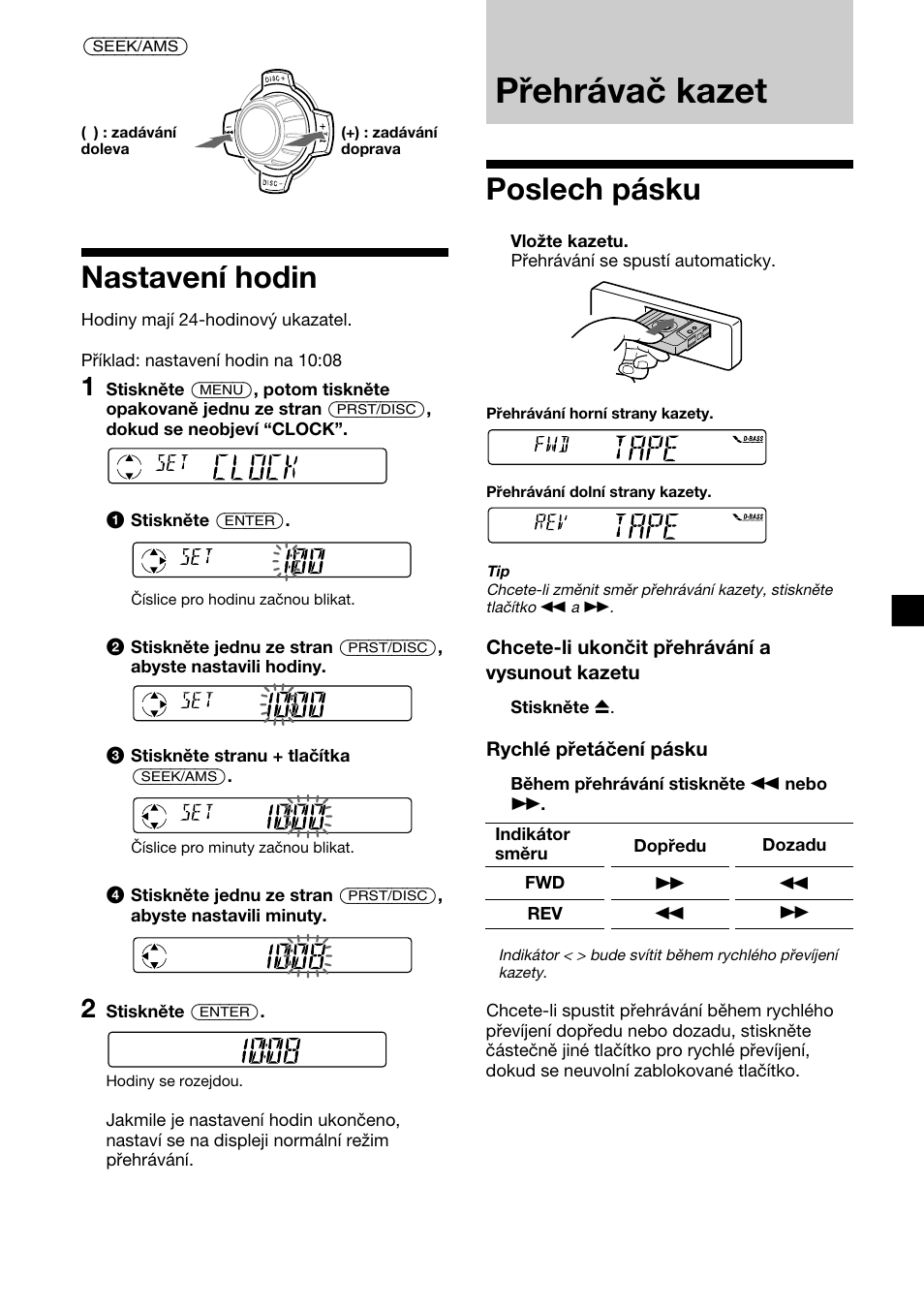 Přehrávač kazet, Nastavení hodin, Poslech pásku | Sony XR-C2300R User Manual | Page 51 / 112