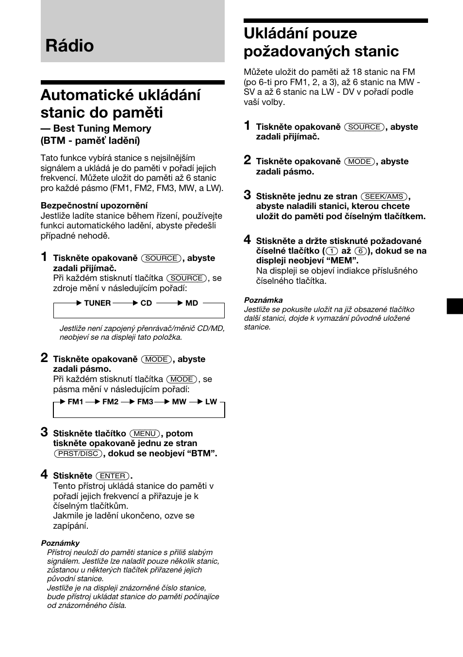 Rádio, Automatické ukládání stanic do paměti, Ukládání pouze požadovaných stanic | Sony XR-C2300R User Manual | Page 53 / 112