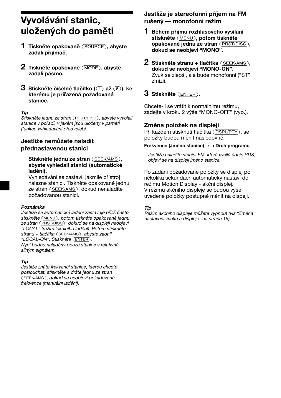 10 vyvolávání stanic, uložených do paměti | Sony XR-C2300R User Manual | Page 54 / 112