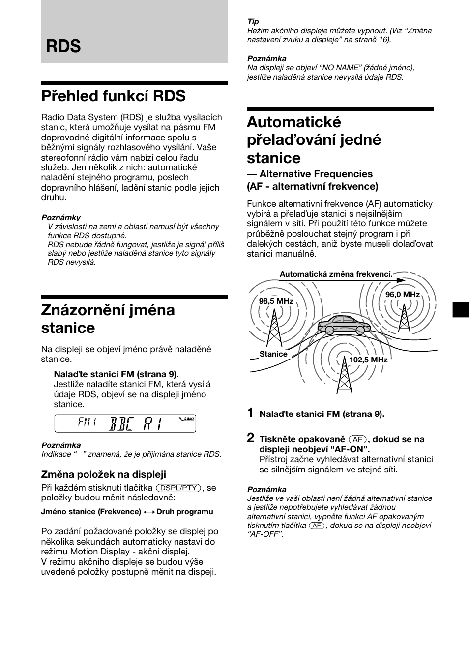 Přehled funkcí rds, Znázornění jména stanice, Automatické přela ování jedné stanice | Sony XR-C2300R User Manual | Page 55 / 112
