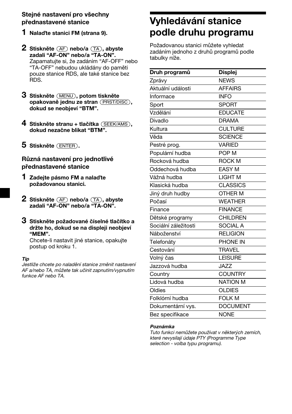 14 vyhledávání stanice podle druhu programu | Sony XR-C2300R User Manual | Page 58 / 112