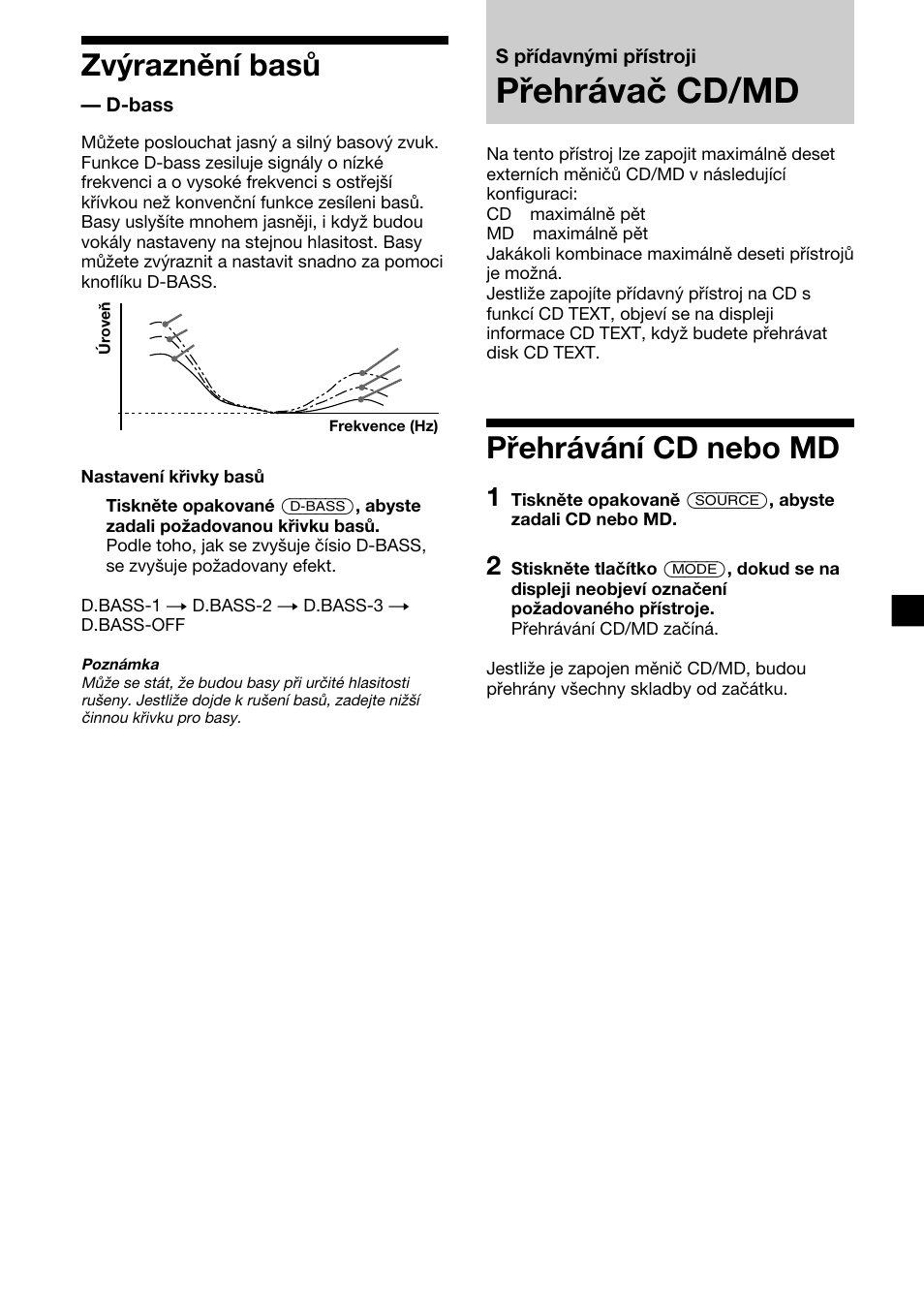 Přehrávač cd/md, Zvýraznění basů, Přehrávání cd nebo md | Sony XR-C2300R User Manual | Page 61 / 112