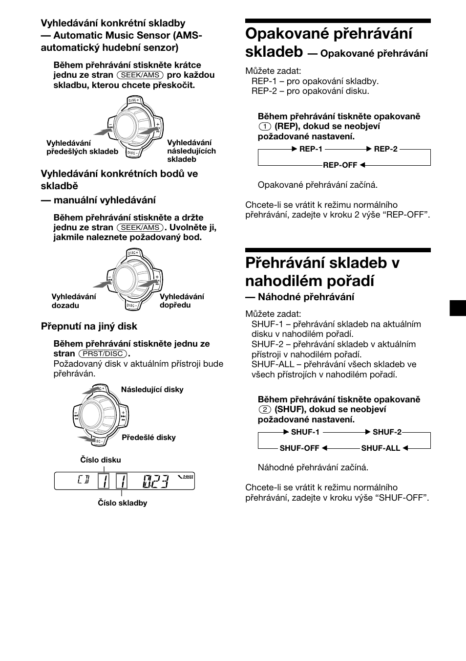 19 opakované přehrávání skladeb, Přehrávání skladeb v nahodilém pořadí | Sony XR-C2300R User Manual | Page 63 / 112