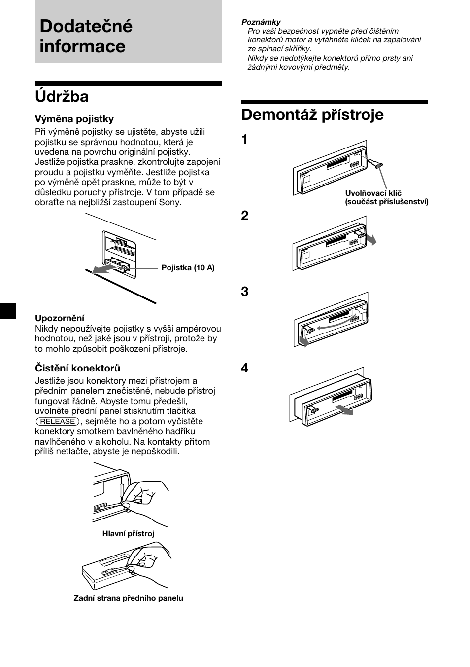 Dodatečné informace, Údržba, Demontáž přístroje | Sony XR-C2300R User Manual | Page 64 / 112