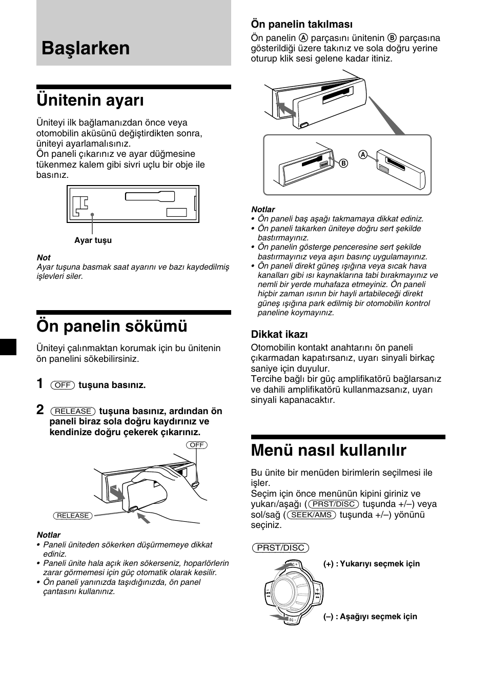 Başlarken, Ünitenin ayarı, Ön panelin sökümü | Menü nasıl kullanılır | Sony XR-C2300R User Manual | Page 72 / 112