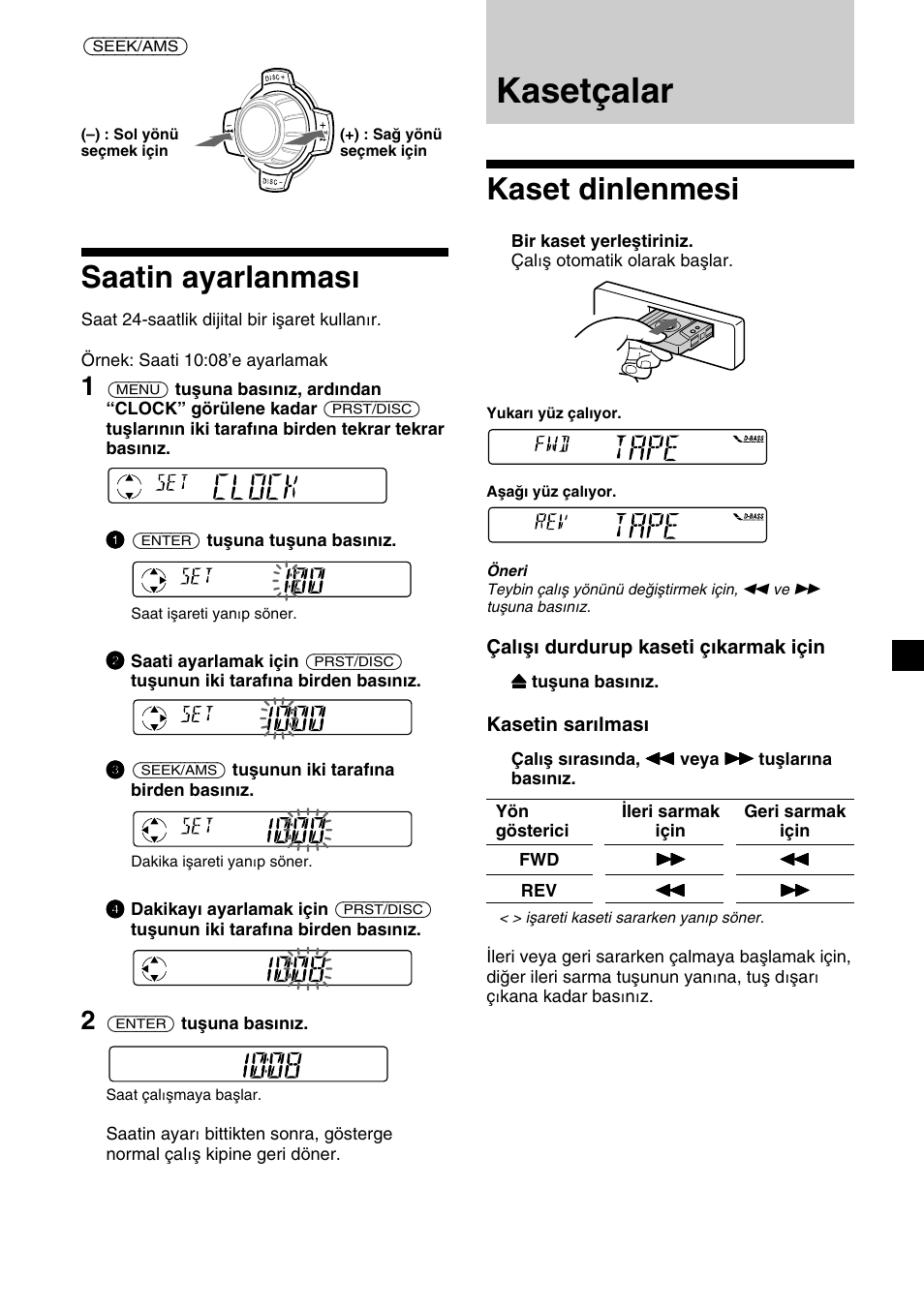 Kasetçalar, Saatin ayarlanması, Kaset dinlenmesi | Sony XR-C2300R User Manual | Page 73 / 112