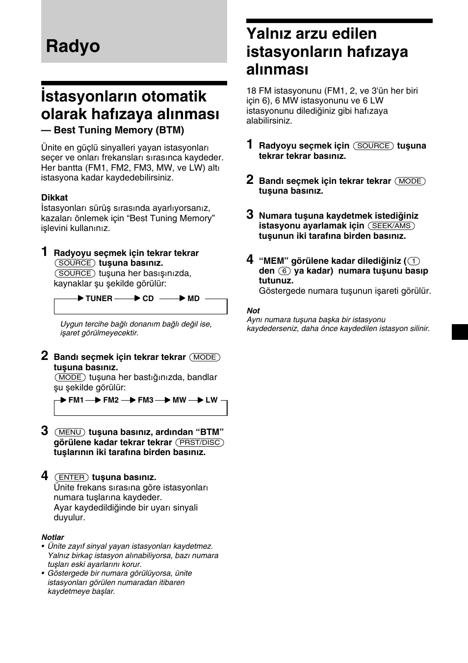 Radyo, Istasyonların otomatik olarak hafızaya alınması | Sony XR-C2300R User Manual | Page 75 / 112
