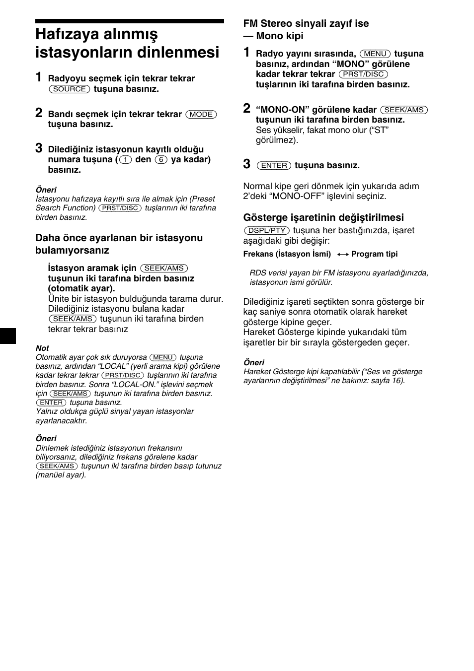 10 hafızaya alınmış istasyonların dinlenmesi | Sony XR-C2300R User Manual | Page 76 / 112