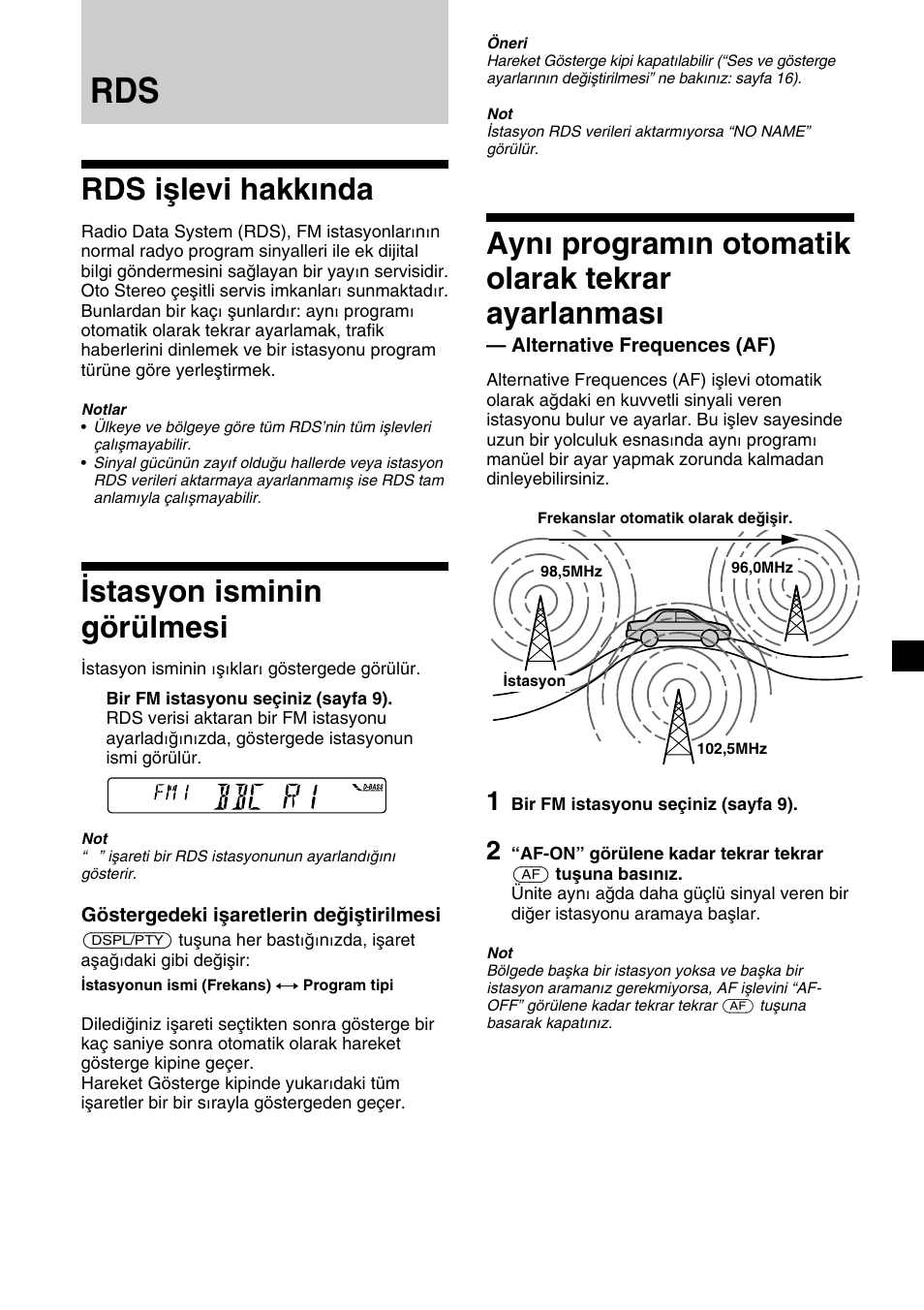 Rds işlevi hakkında, Istasyon isminin görülmesi, Aynı programın otomatik olarak tekrar ayarlanması | Sony XR-C2300R User Manual | Page 77 / 112