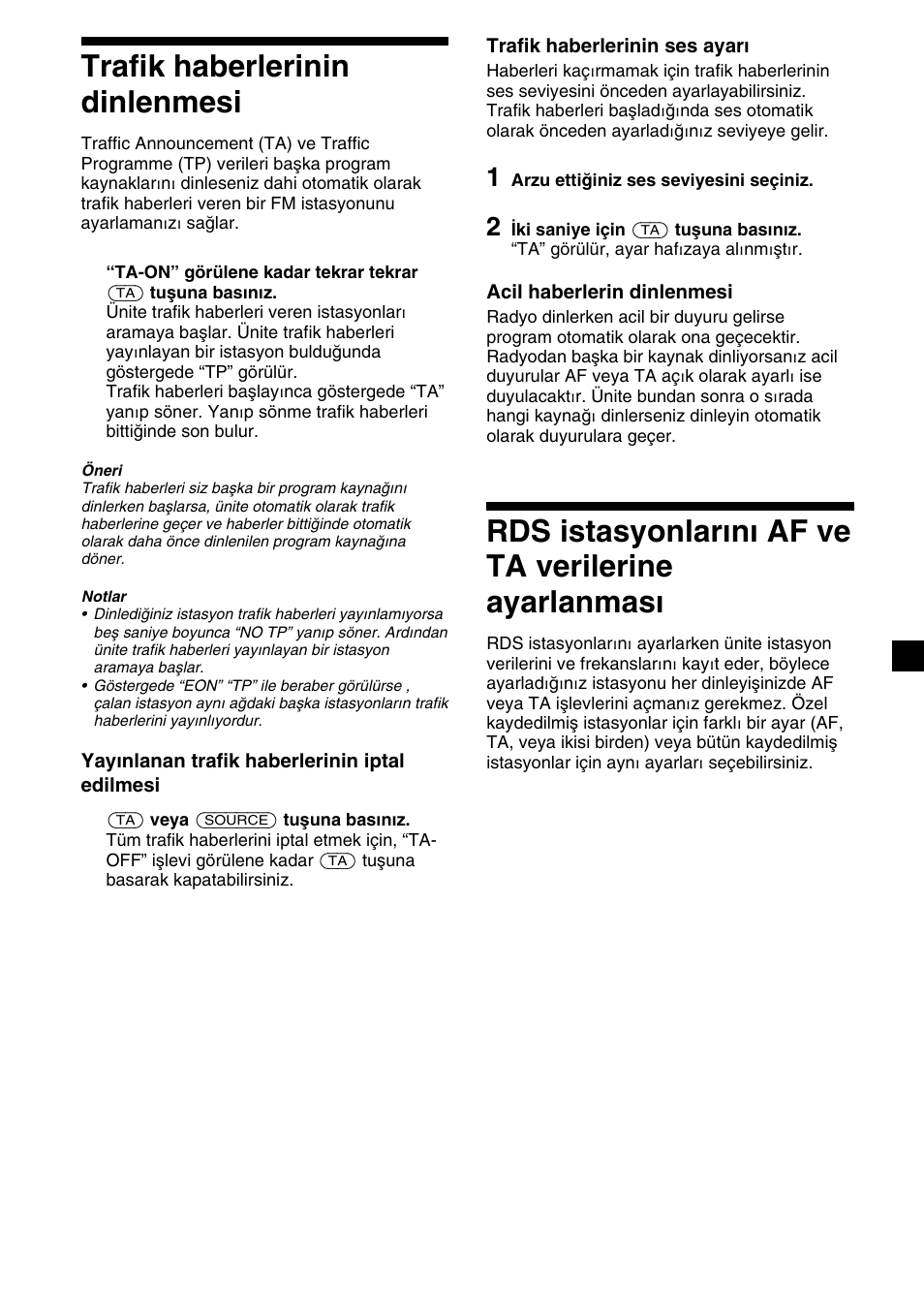 13 trafik haberlerinin dinlenmesi, Rds istasyonlarını af ve ta verilerine ayarlanması | Sony XR-C2300R User Manual | Page 79 / 112