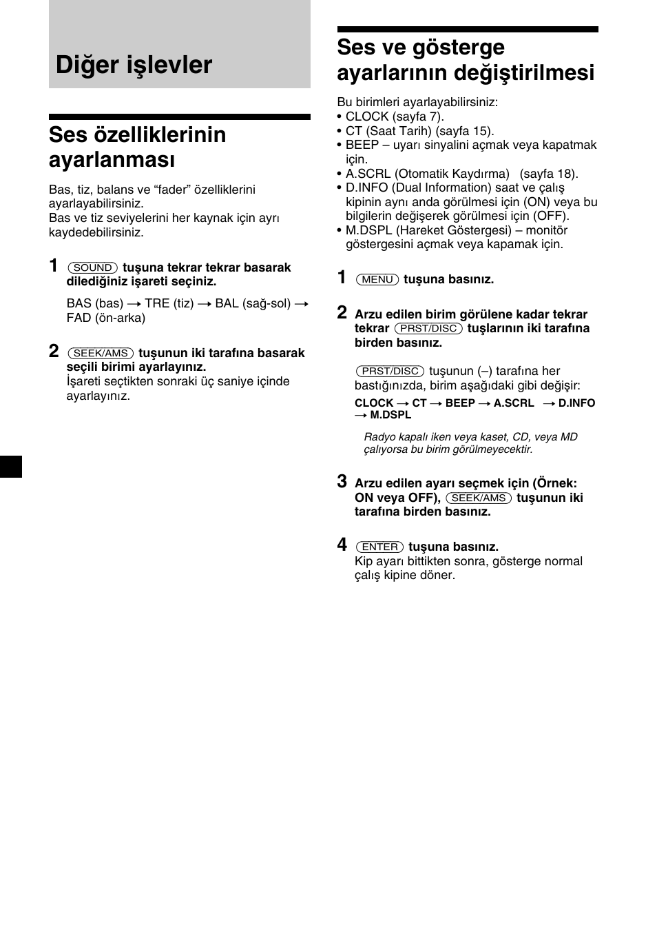 Diğer işlevler, Ses özelliklerinin ayarlanması, Ses ve gösterge ayarlarının değiştirilmesi | Sony XR-C2300R User Manual | Page 82 / 112