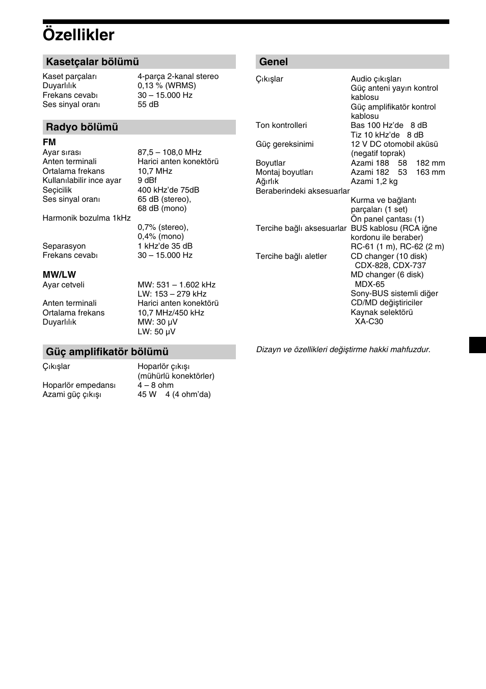 21 özellikler, Kasetçalar bölümü, Radyo bölümü | Güç amplifikatör bölümü, Genel | Sony XR-C2300R User Manual | Page 87 / 112
