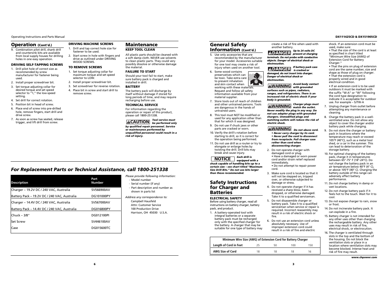 Operation, Maintenance, General safety information | Safety instructions for charger and batteries, Notice | Campbell Hausfeld DX111425CD User Manual | Page 3 / 4