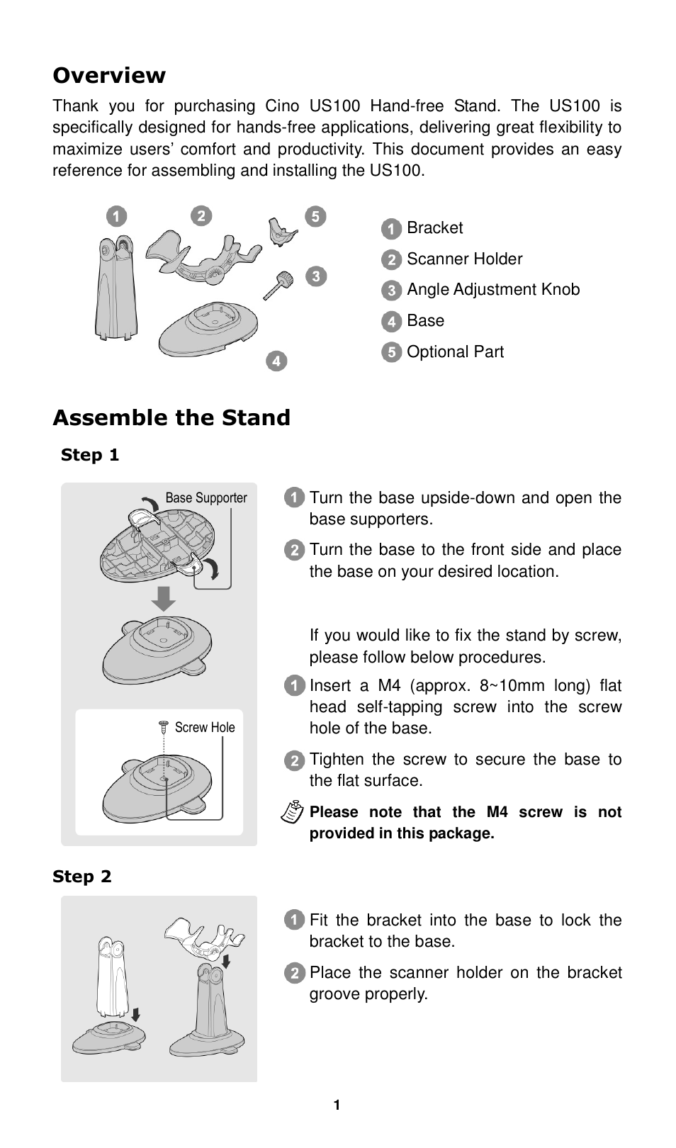 Overview, Assemble the stand | Cino L780WD User Manual | Page 2 / 4