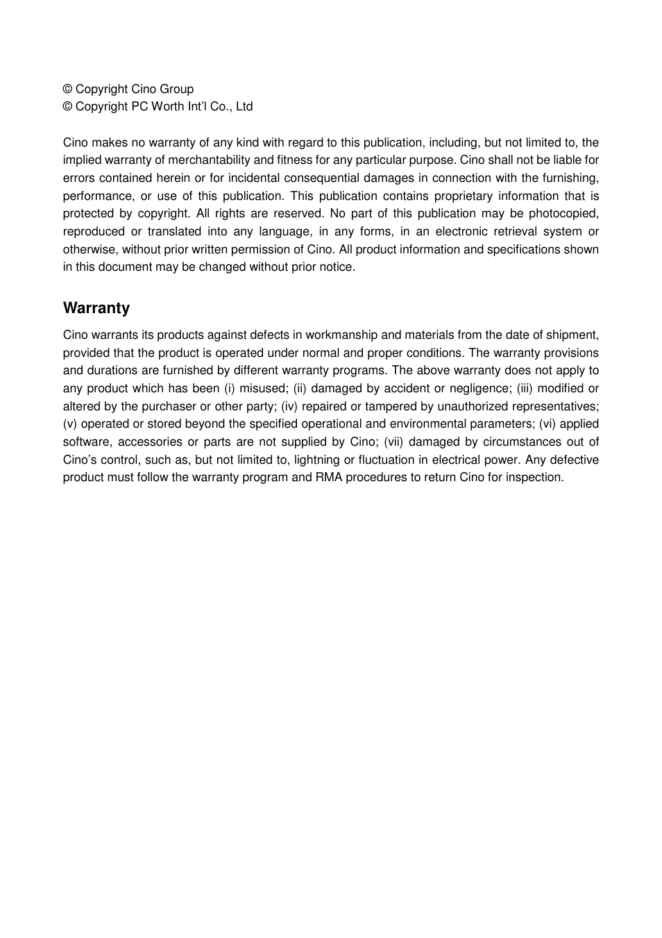 Warranty | Cino FA470 User Manual | Page 3 / 251