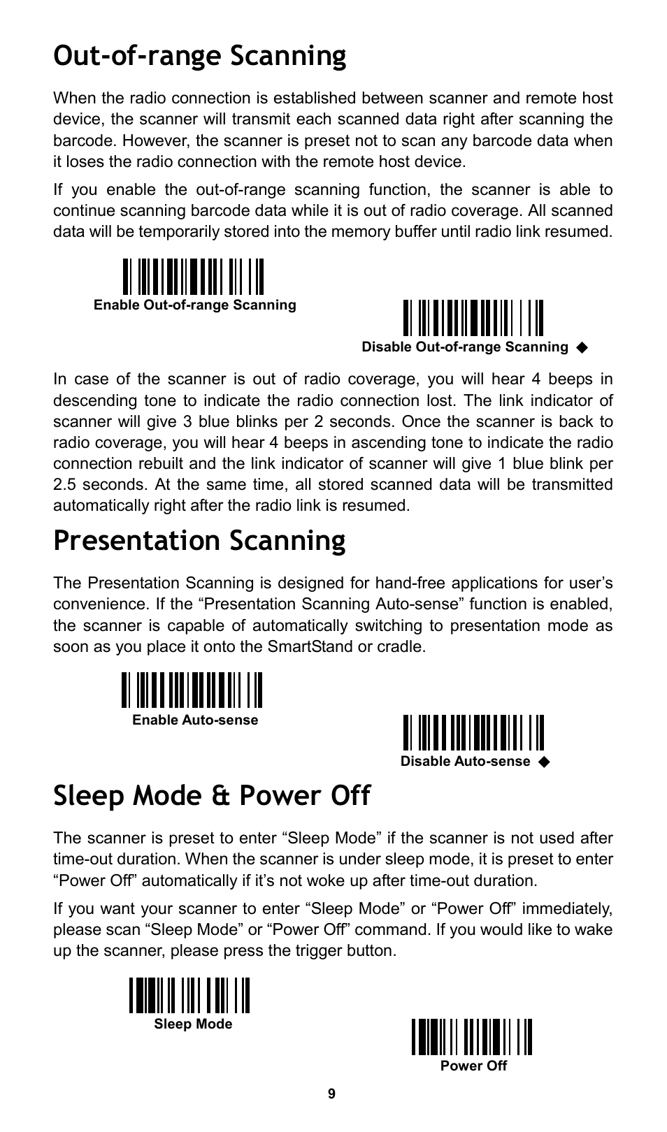Out-of-range scanning, Presentation scanning, Sleep mode & power off | Cino L780BT HC User Manual | Page 10 / 16