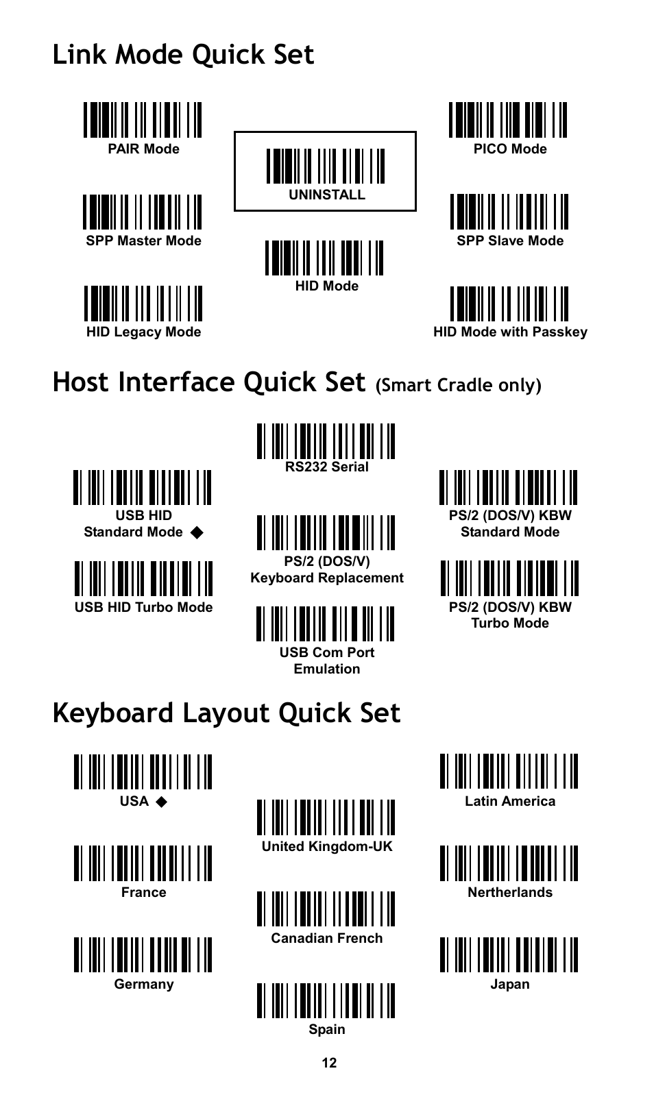 Link mode quick set, Host interface quick set, Keyboard layout quick set | Smart cradle only) | Cino L780BT HC User Manual | Page 13 / 16