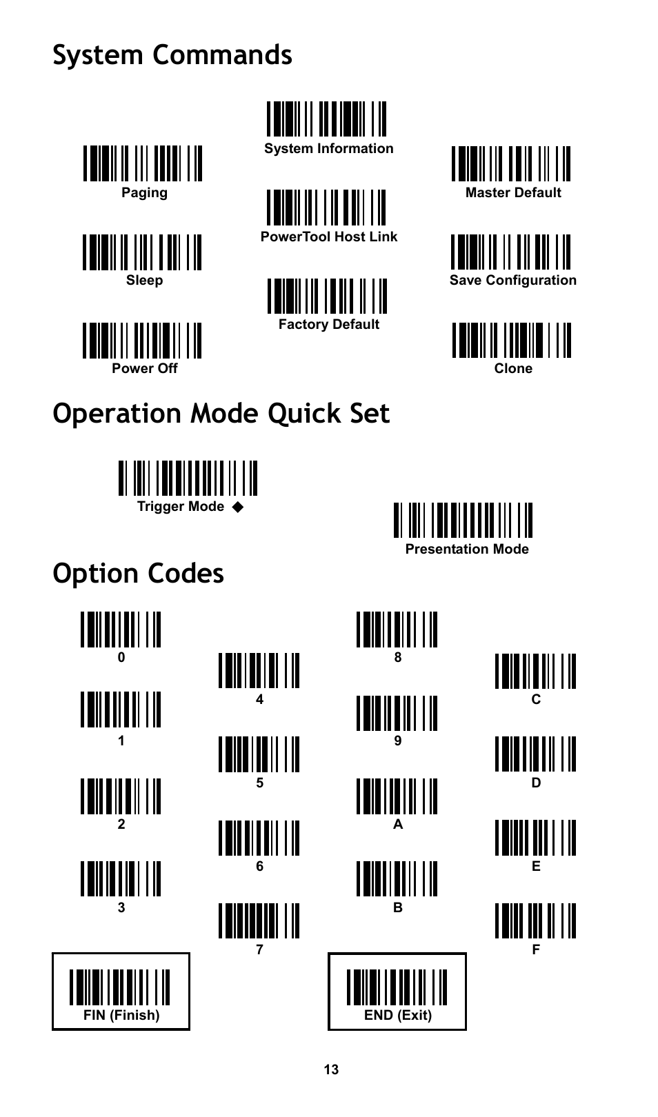 System commands, Operation mode quick set, Option codes | Cino L780BT HC User Manual | Page 14 / 16
