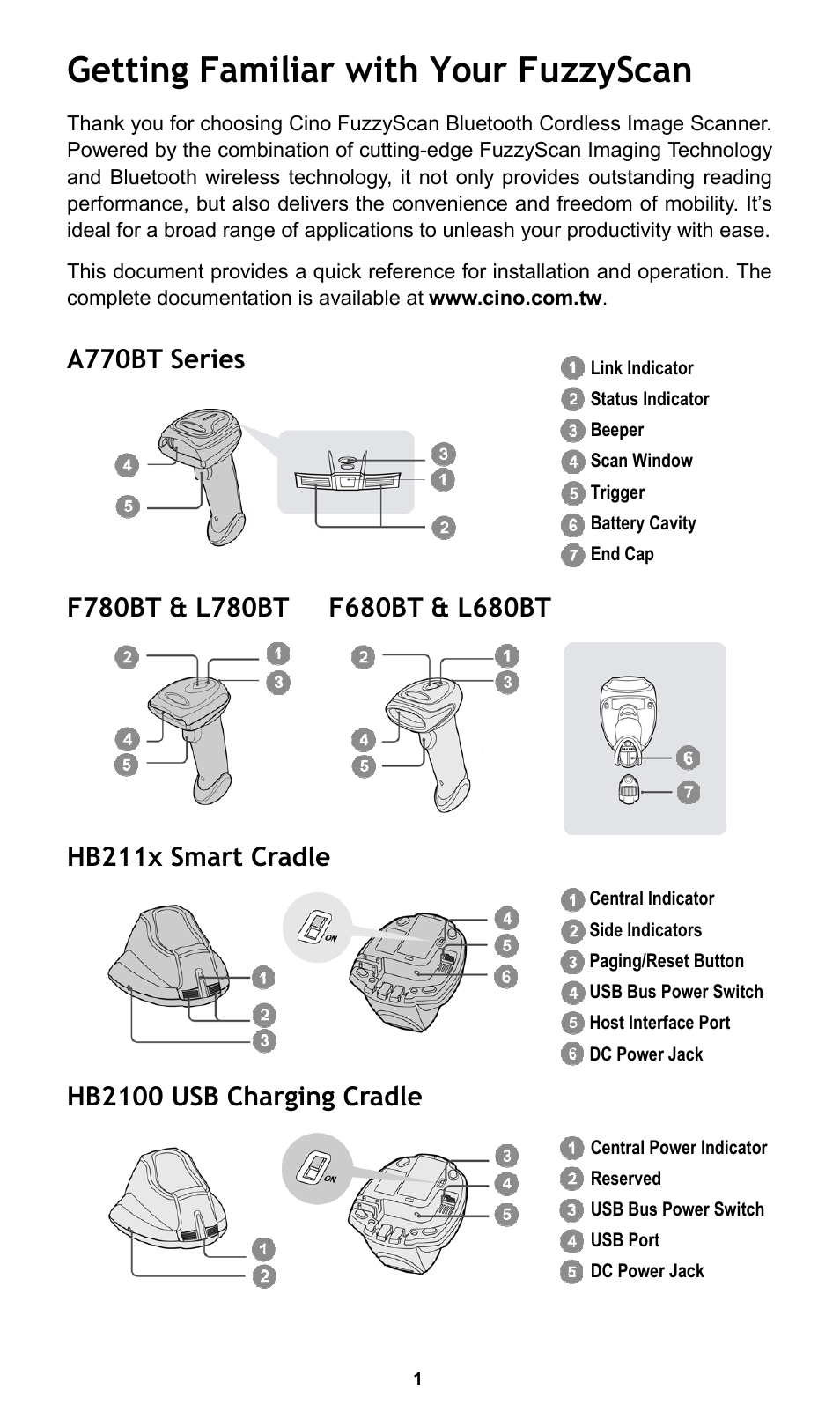 Getting familiar with your fuzzyscan, A770bt series, Hb211x smart cradle | Hb2100 usb charging cradle | Cino L780BT HC User Manual | Page 2 / 16