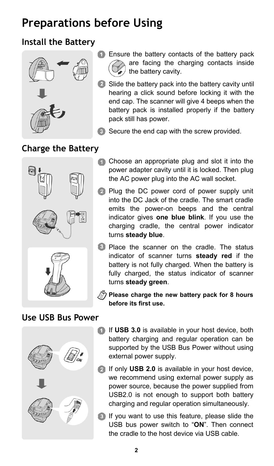 Preparations before using, Install the battery, Charge the battery | Use usb bus power | Cino L780BT HC User Manual | Page 3 / 16