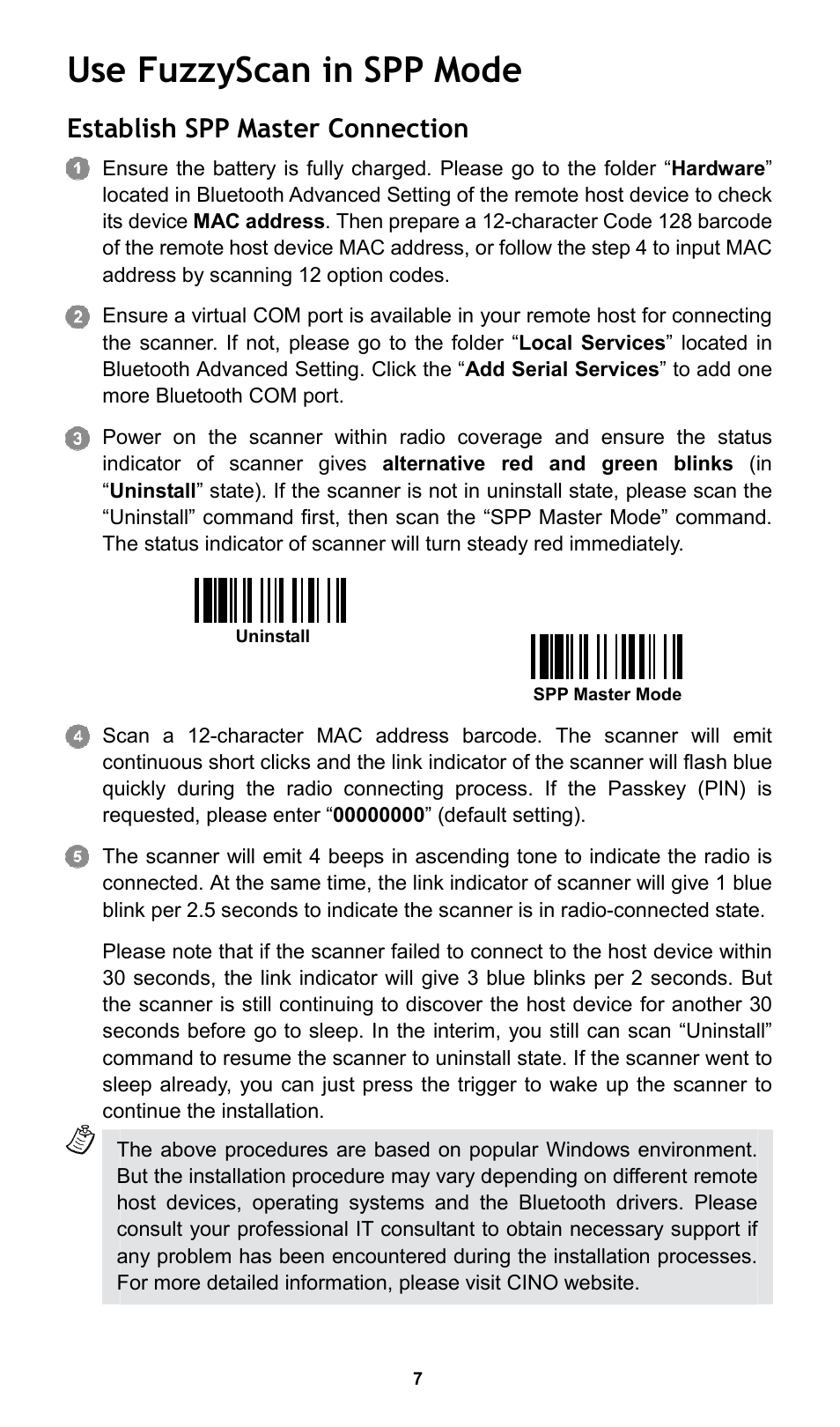 Use fuzzyscan in spp mode, Establish spp master connection | Cino L780BT HC User Manual | Page 8 / 16