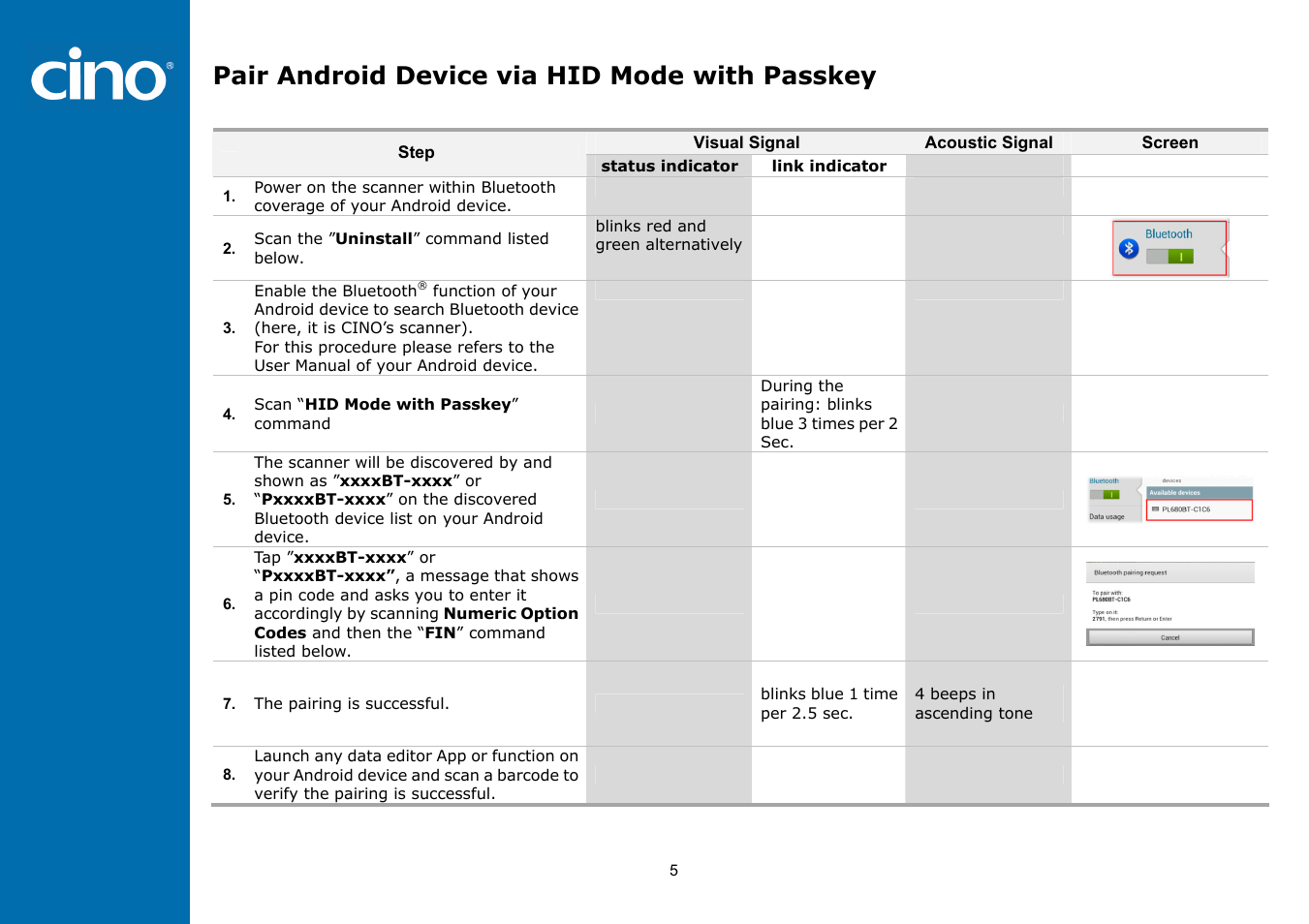 Pair android device via hid mode with passkey | Cino PL680BT HC User Manual | Page 7 / 12