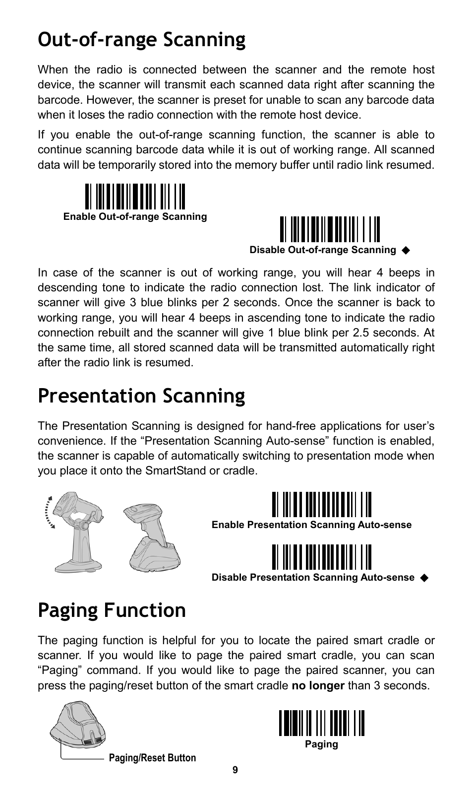 Out-of-range scanning, Presentation scanning, Paging function | Cino L780BT HC User Manual | Page 10 / 16