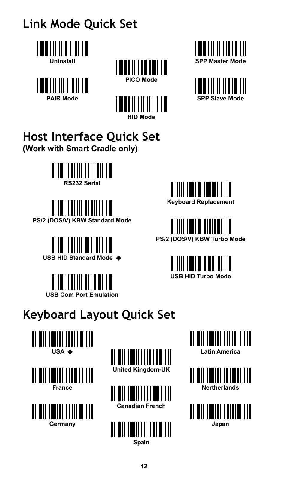 Link mode quick set, Host interface quick set, Keyboard layout quick set | Work with smart cradle only) | Cino L780BT HC User Manual | Page 13 / 16