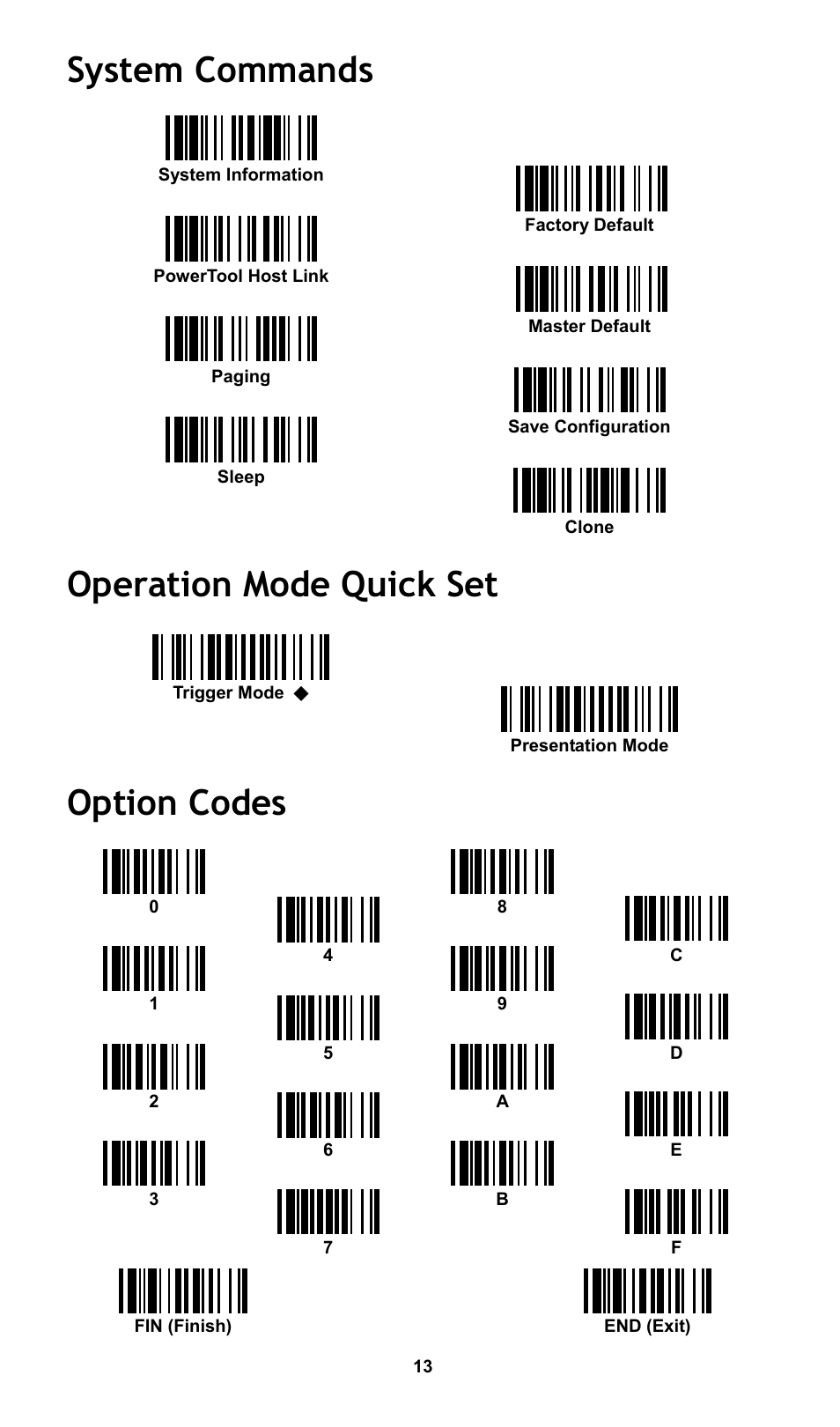 System commands, Operation mode quick set, Option codes | Cino L780BT HC User Manual | Page 14 / 16
