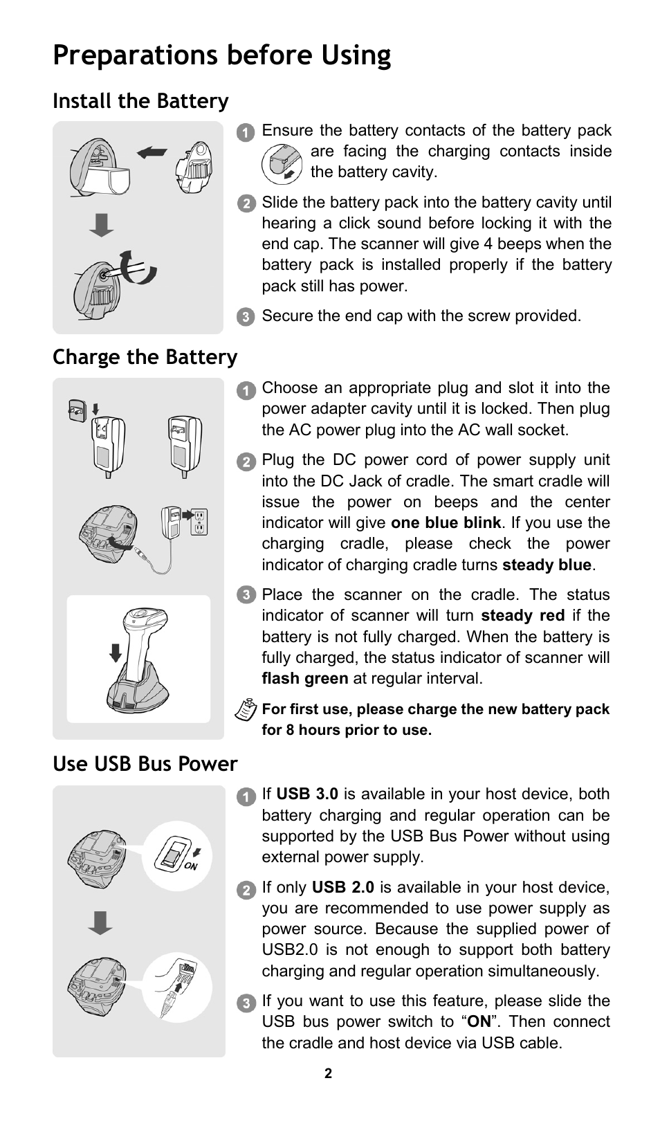 Preparations before using, Install the battery, Charge the battery | Use usb bus power | Cino L780BT HC User Manual | Page 3 / 16