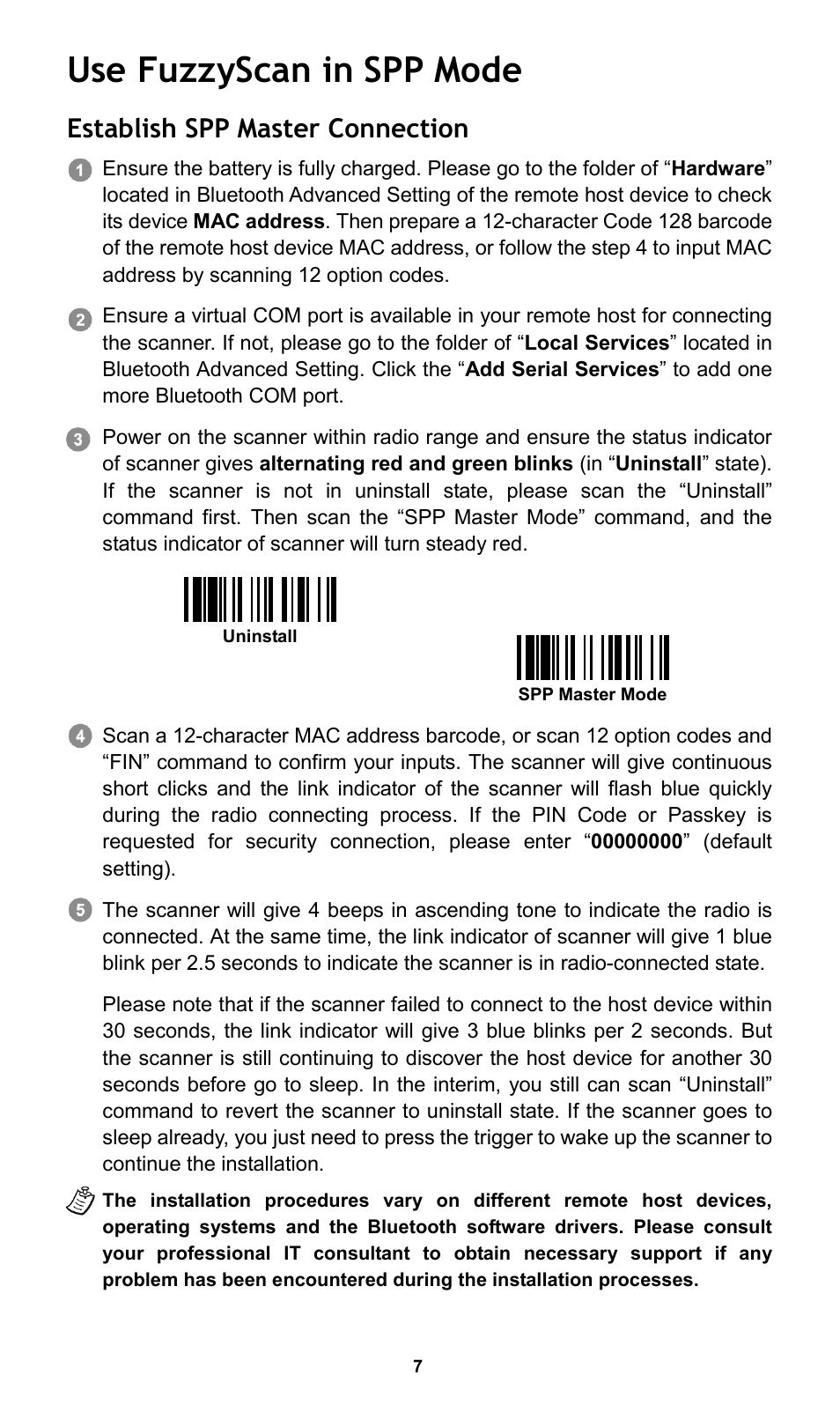Use fuzzyscan in spp mode, Establish spp master connection | Cino L780BT HC User Manual | Page 8 / 16