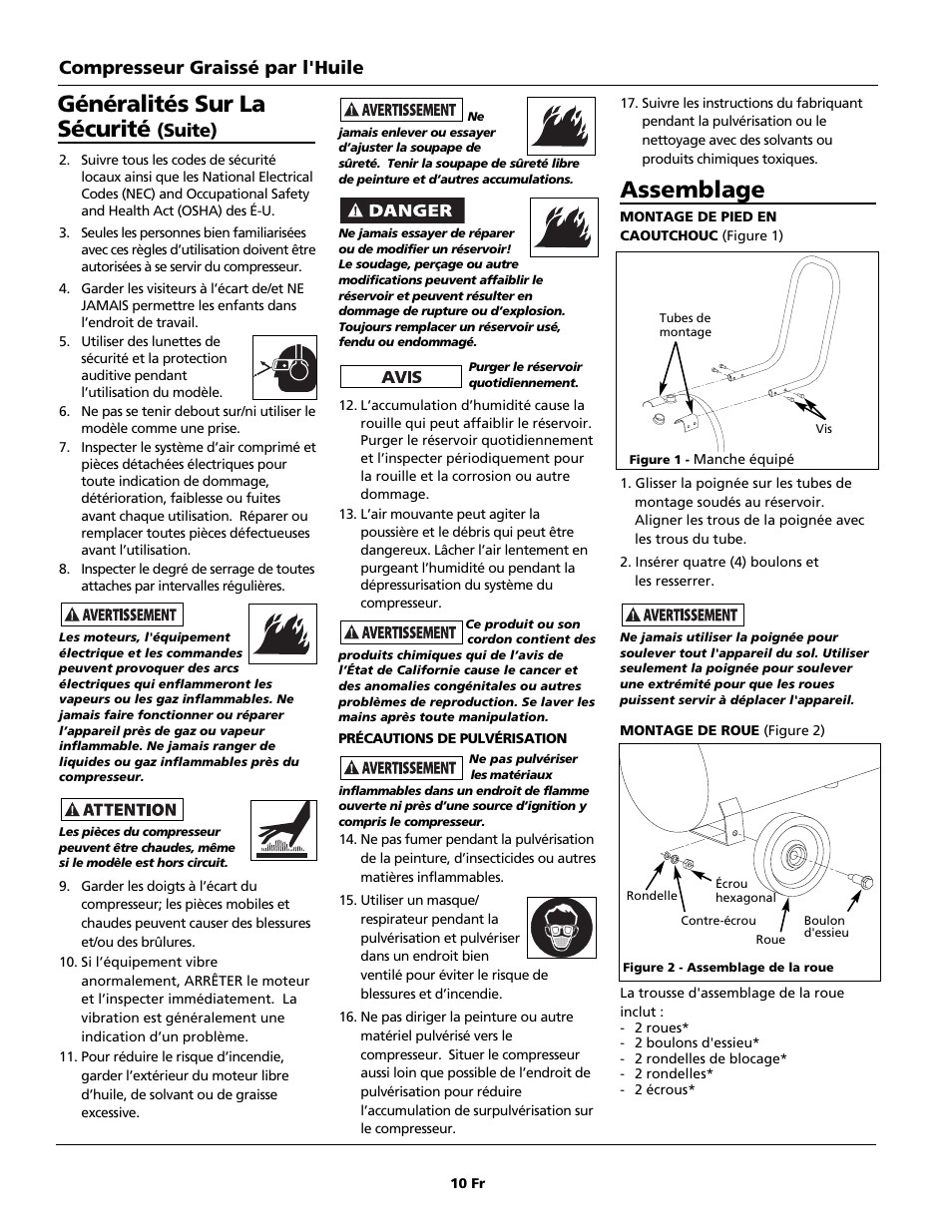 Assemblage, Généralités sur la sécurité, Compresseur graissé par l'huile | Suite) | Campbell Hausfeld HL5500 Series User Manual | Page 10 / 24
