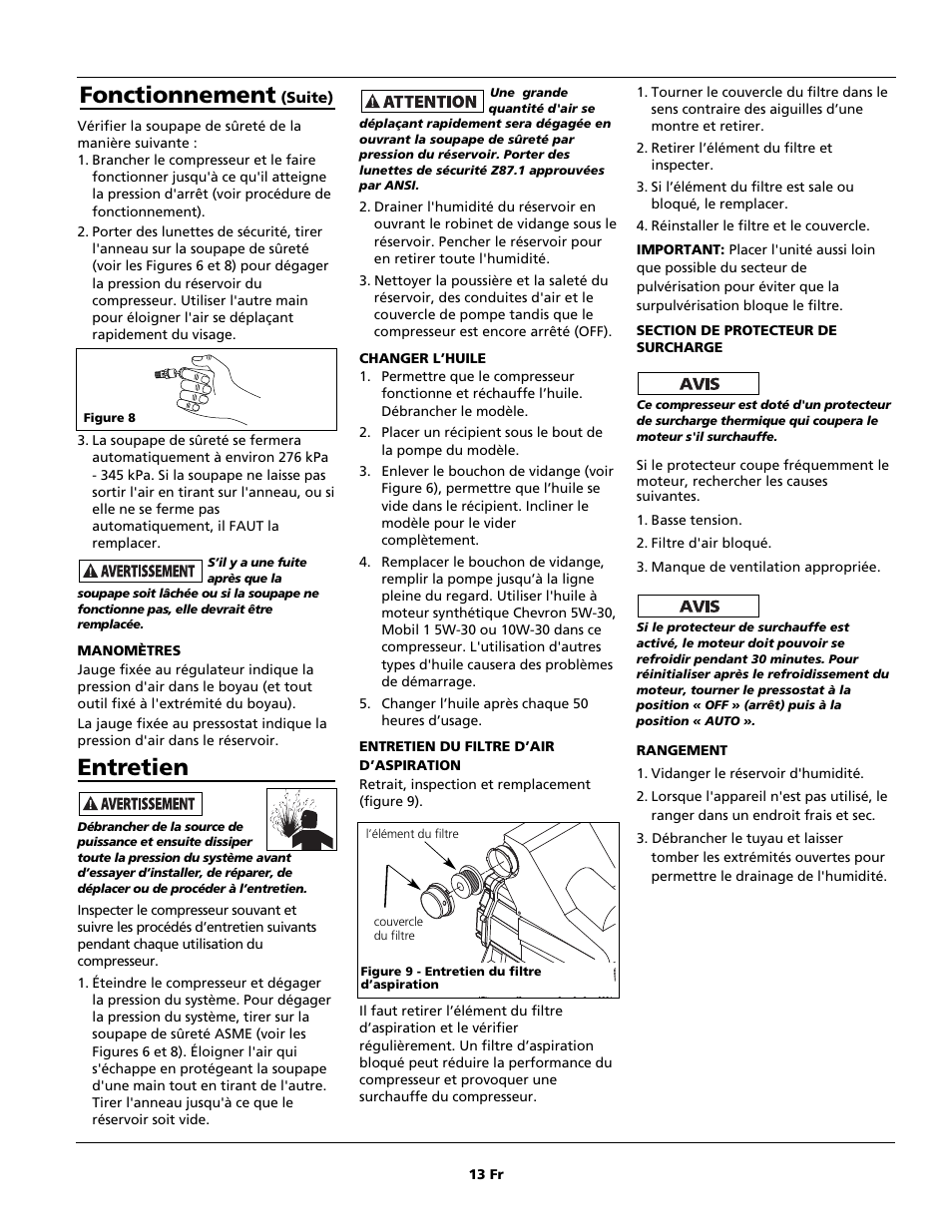 Entretien, Fonctionnement | Campbell Hausfeld HL5500 Series User Manual | Page 13 / 24