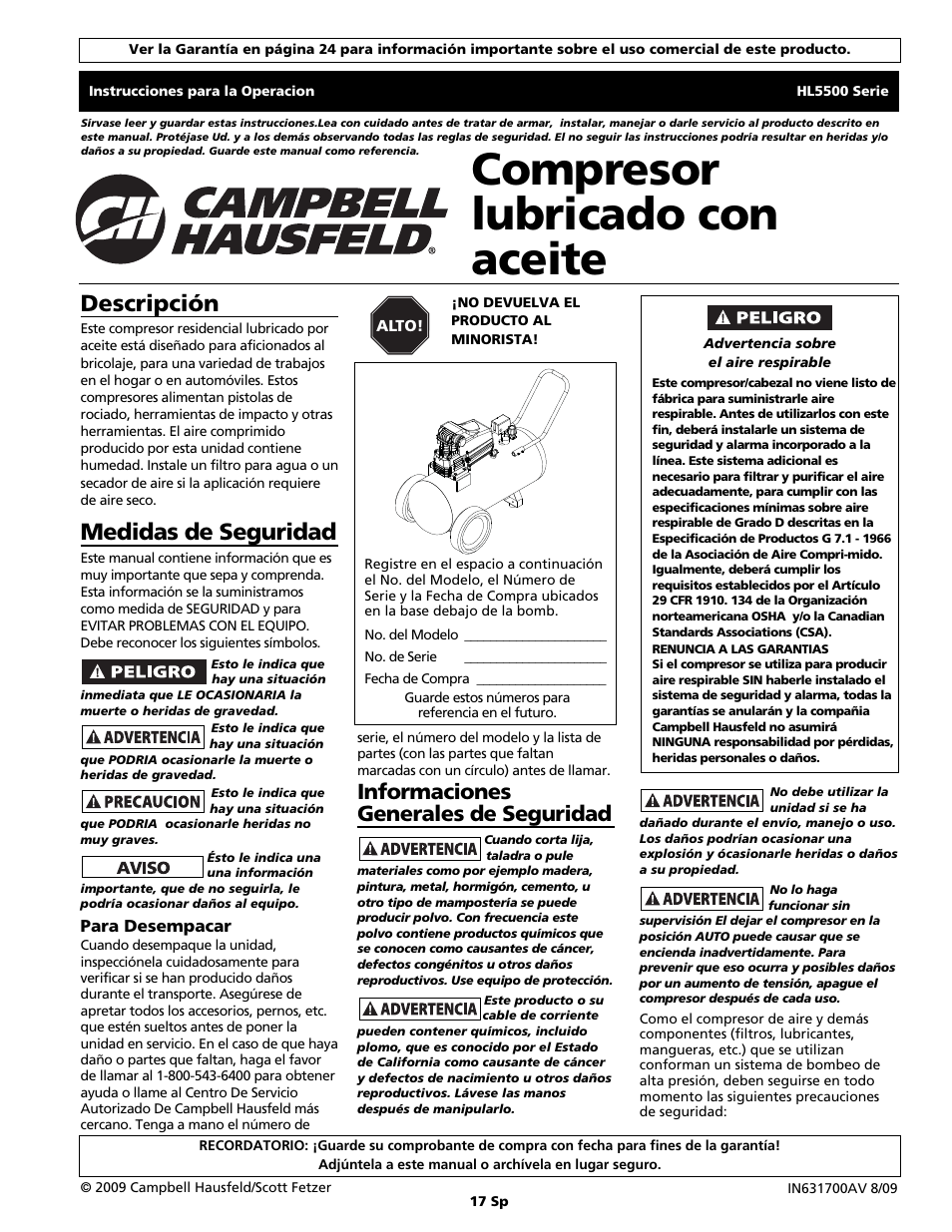 Compresor lubricado con aceite, Descripción, Medidas de seguridad | Informaciones generales de seguridad | Campbell Hausfeld HL5500 Series User Manual | Page 17 / 24