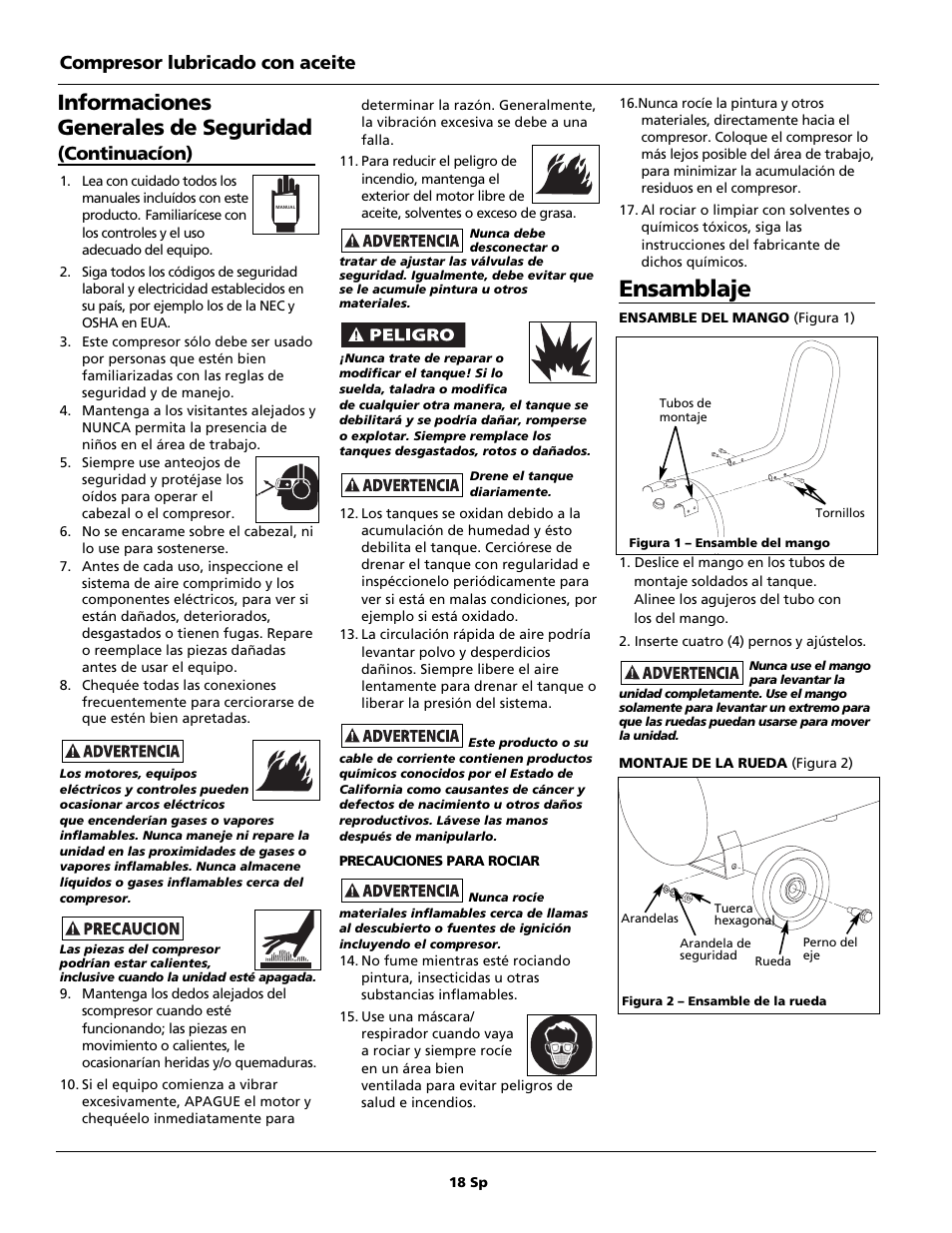 Ensamblaje, Informaciones generales de seguridad, Compresor lubricado con aceite | Continuacíon) | Campbell Hausfeld HL5500 Series User Manual | Page 18 / 24